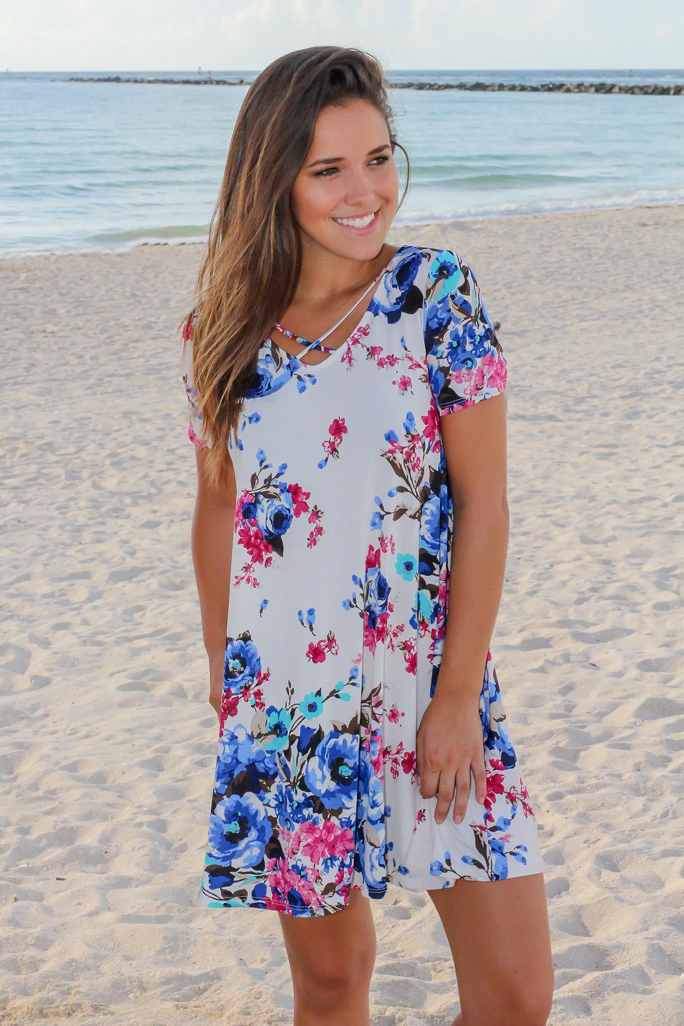 Ivory Floral Short Dress with Criss Cross