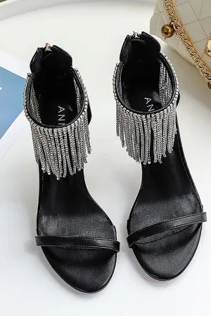 JOSKAA Woman Elegant high heel Black Rhinestone Thick High Heels