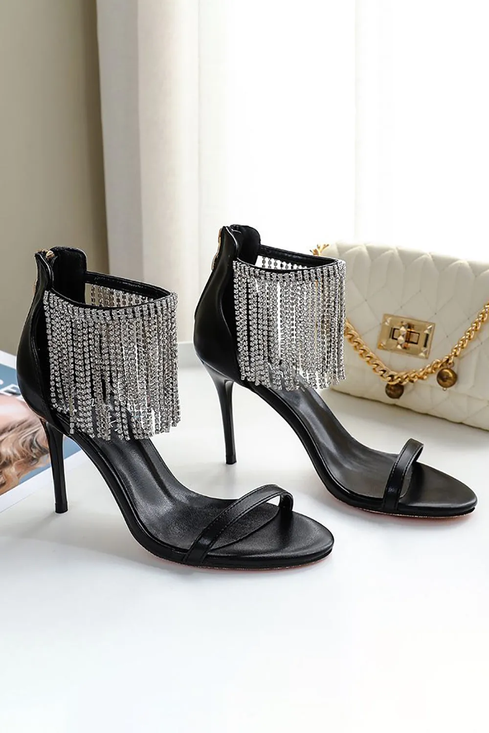 JOSKAA Woman Elegant high heel Black Rhinestone Thick High Heels