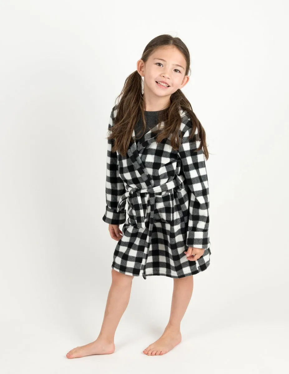 Kids Black & White Plaid Fleece Hooded Robe