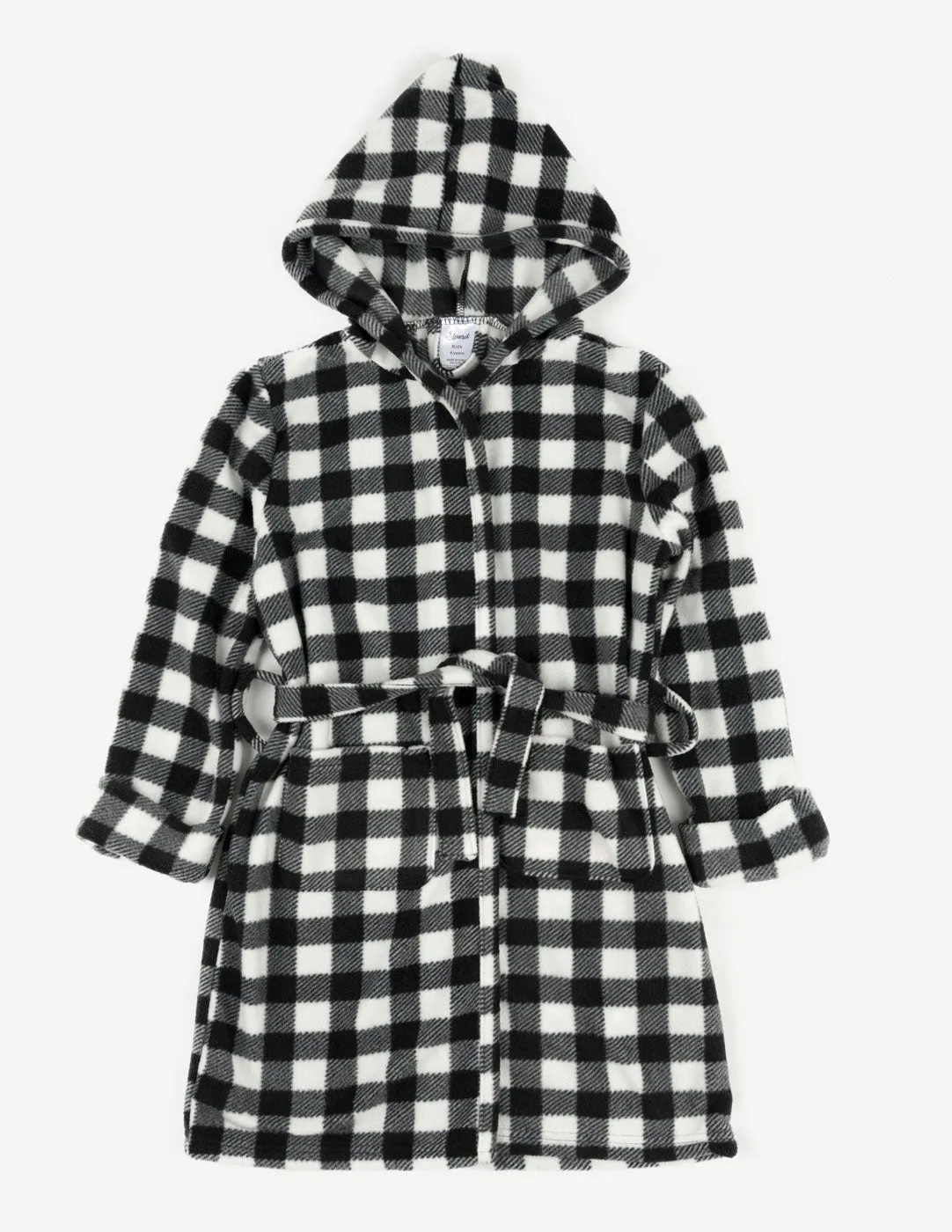 Kids Black & White Plaid Fleece Hooded Robe