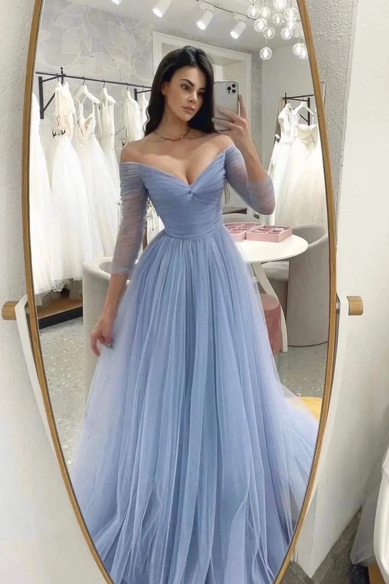 Light Blue Tulle Long Prom Dress,A-Line V Neck Night Dresses Party