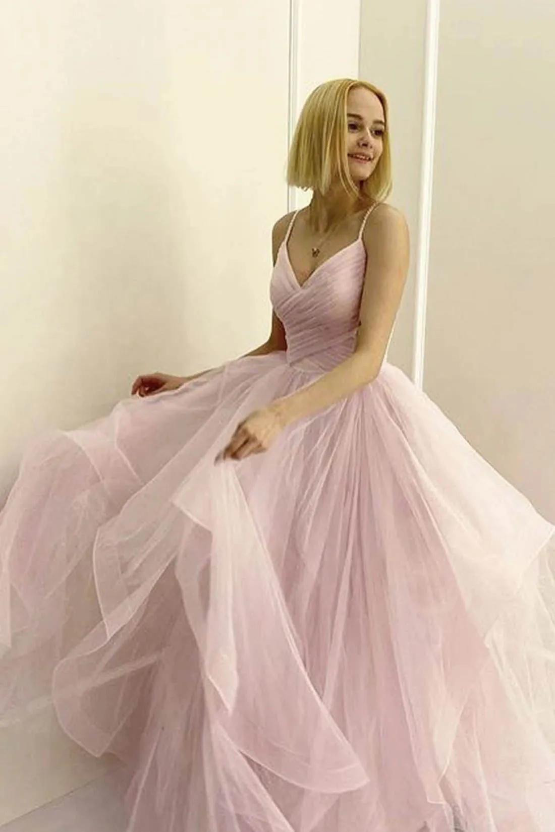 Light Pink Spaghetti Straps Tulle Puffy Prom Gown, Asymmetrical Long Evening Dress UQP0093