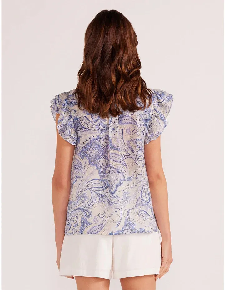 Lola Flutter Sleeve Blouse - Blue Paisley