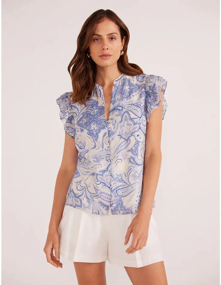 Lola Flutter Sleeve Blouse - Blue Paisley