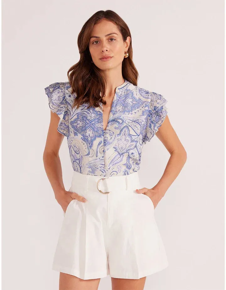 Lola Flutter Sleeve Blouse - Blue Paisley