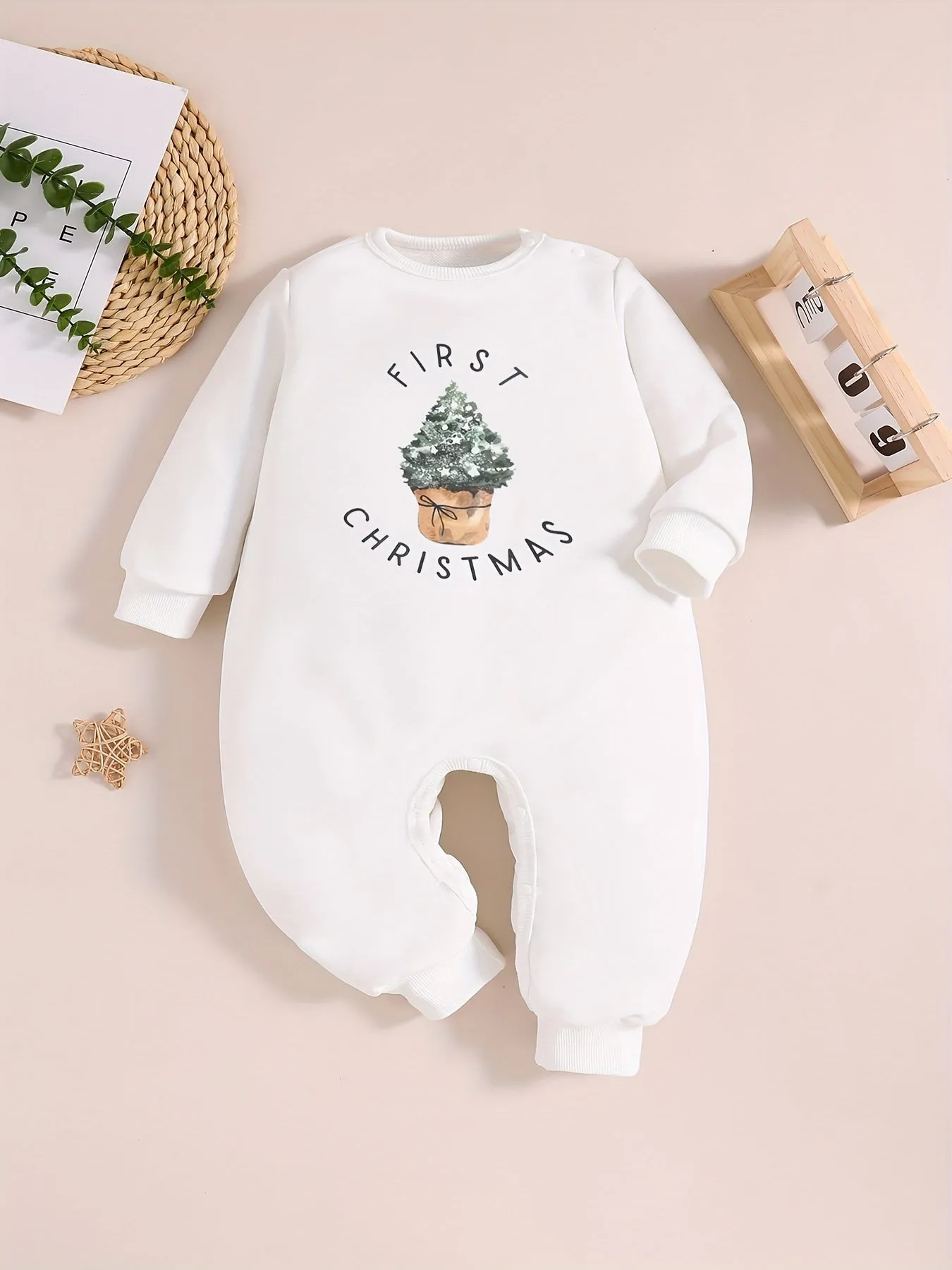 Long Sleeve Boys "First Christmas" Print Loose Comfy Outdoor Graphic Bodysuit for Autumn Spring