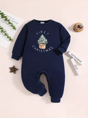 Long Sleeve Boys "First Christmas" Print Loose Comfy Outdoor Graphic Bodysuit for Autumn Spring