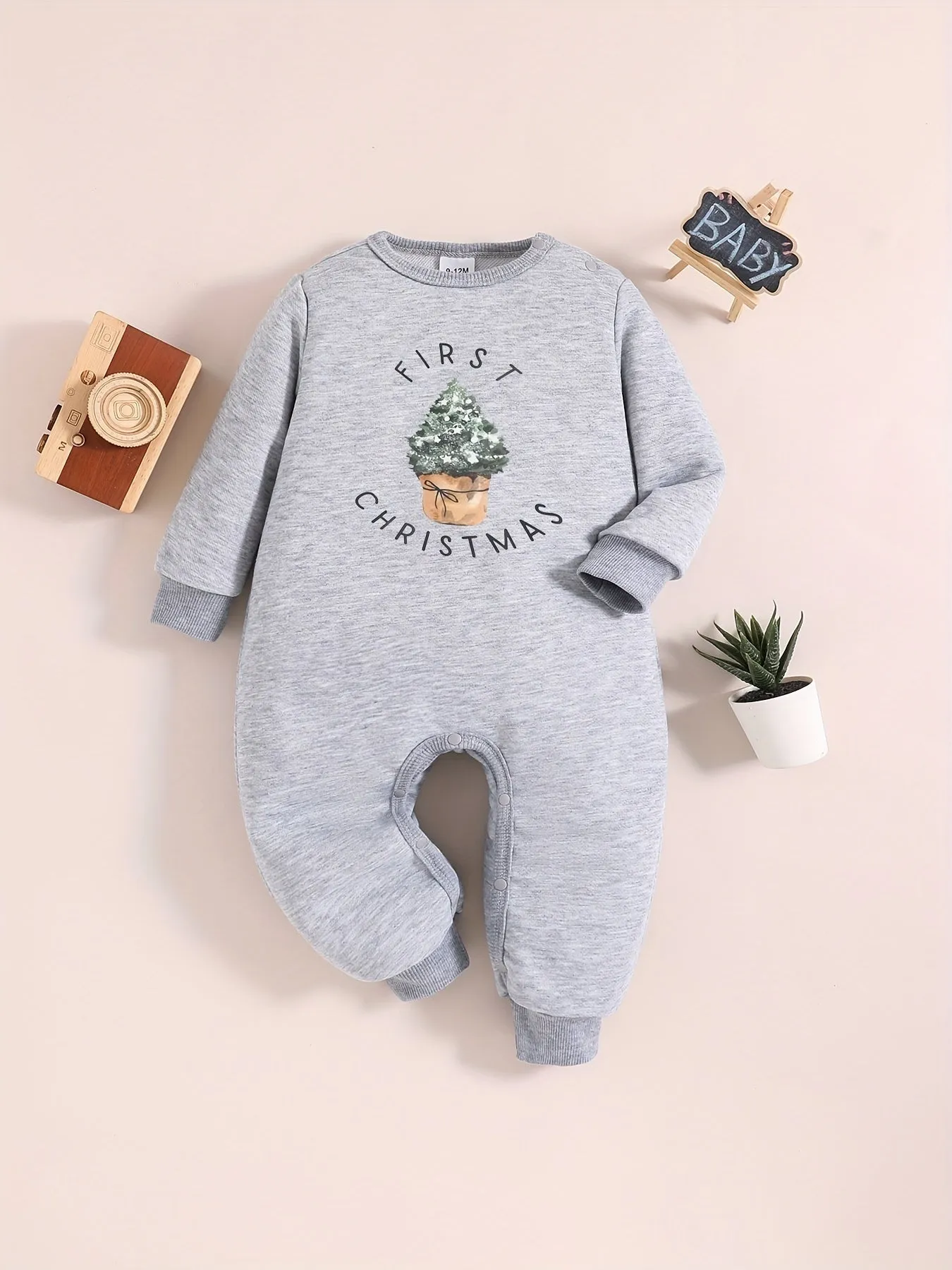 Long Sleeve Boys "First Christmas" Print Loose Comfy Outdoor Graphic Bodysuit for Autumn Spring