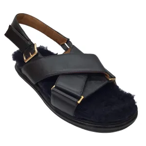 Marni Black Fussbett Shearling Lined Cross Strap Leather Slingback Sandals