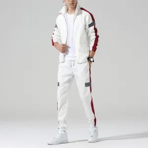 Mens Reflective Two Piece Track Suit in White with Red and Gray Stripes