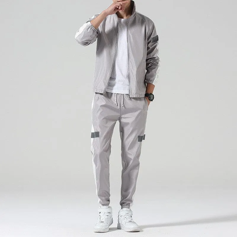 Mens Reflective Two Piece Track Suit in White with Red and Gray Stripes