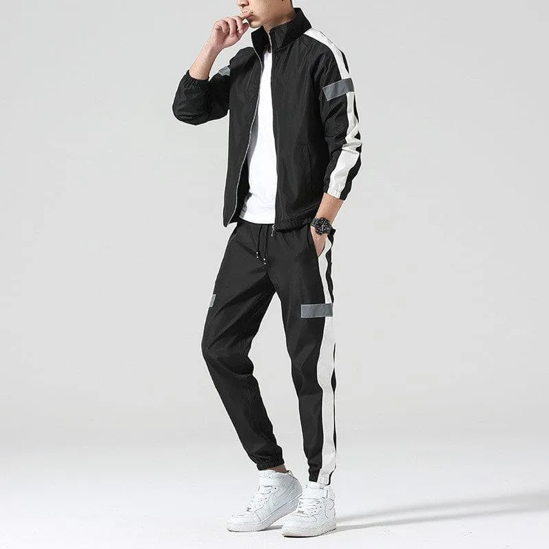 Mens Reflective Two Piece Track Suit in White with Red and Gray Stripes