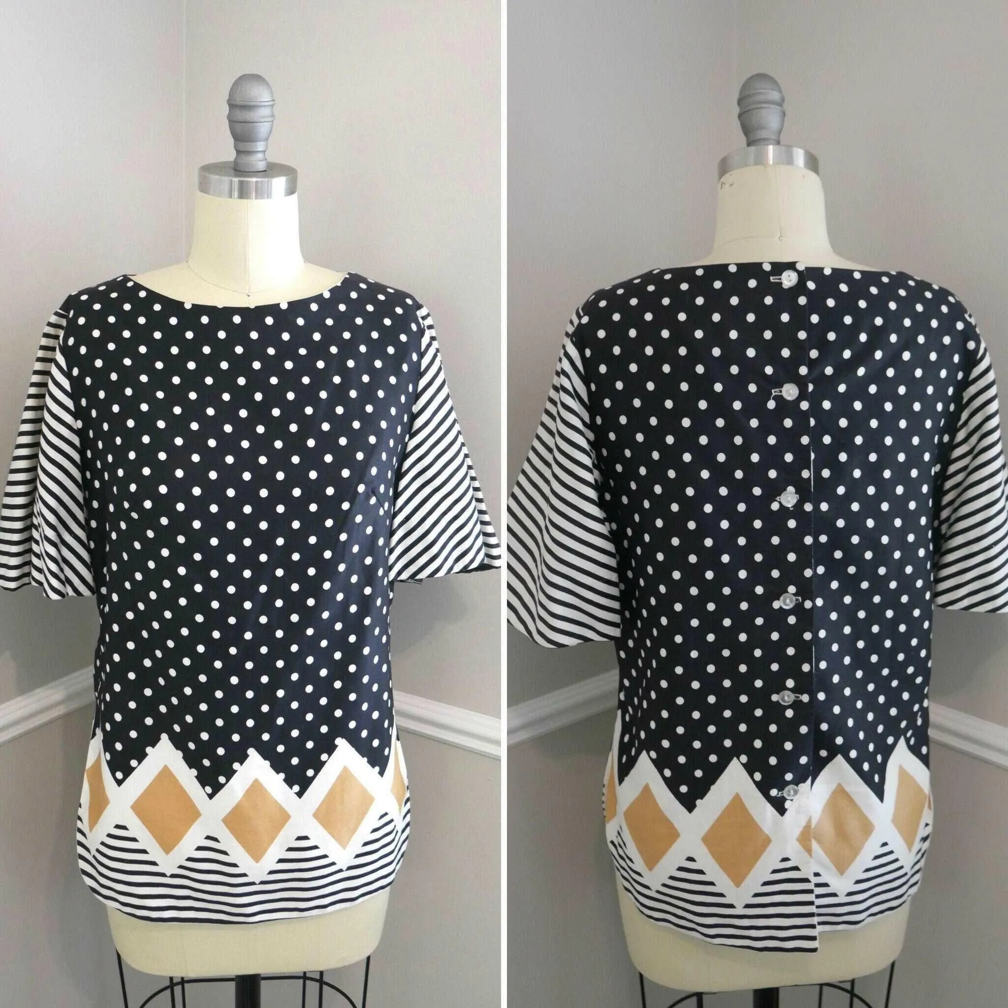 ON SALE Vintage 1960s Polka Dot Blouse / 60s retro button back blouse size S M