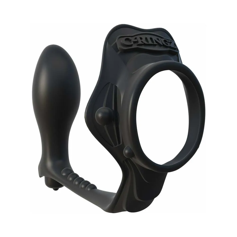 Pipedream Fantasy C-Ringz Rock Hard Ass-Gasm Vibrating Silicone Cockring With Anal Plug Black