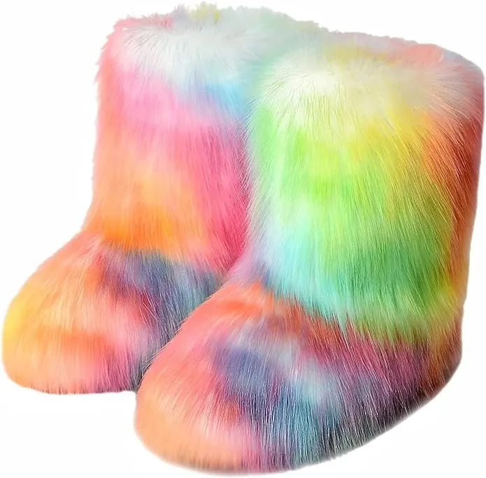 Plush Rainbow Tie Dye Faux Fur Outdoor Winter Boots