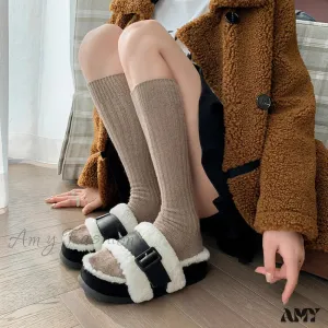 Pure Wool Thick Sole High-End Warm Outdoor Buckle Slippers Shoes