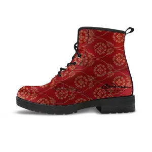 Red Pear and Almond Buff coloured Turkish Tapestry Leather Boots (Vegan)