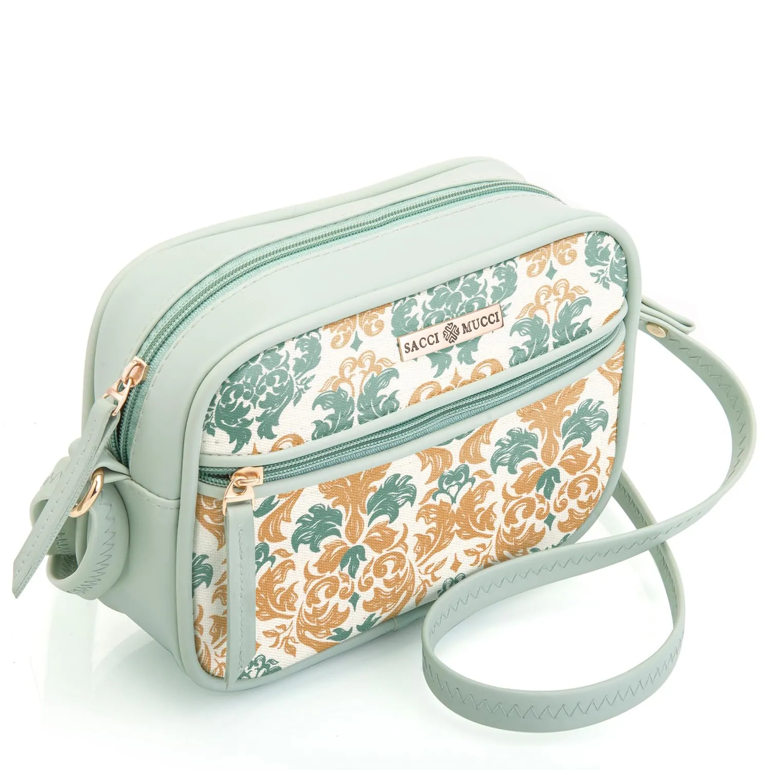 Saaci Mucci Handmade Vegan Leather Women's Sling Cross-Body Bags With Adjustable Shoulder Strap - Damask (Mint Green)