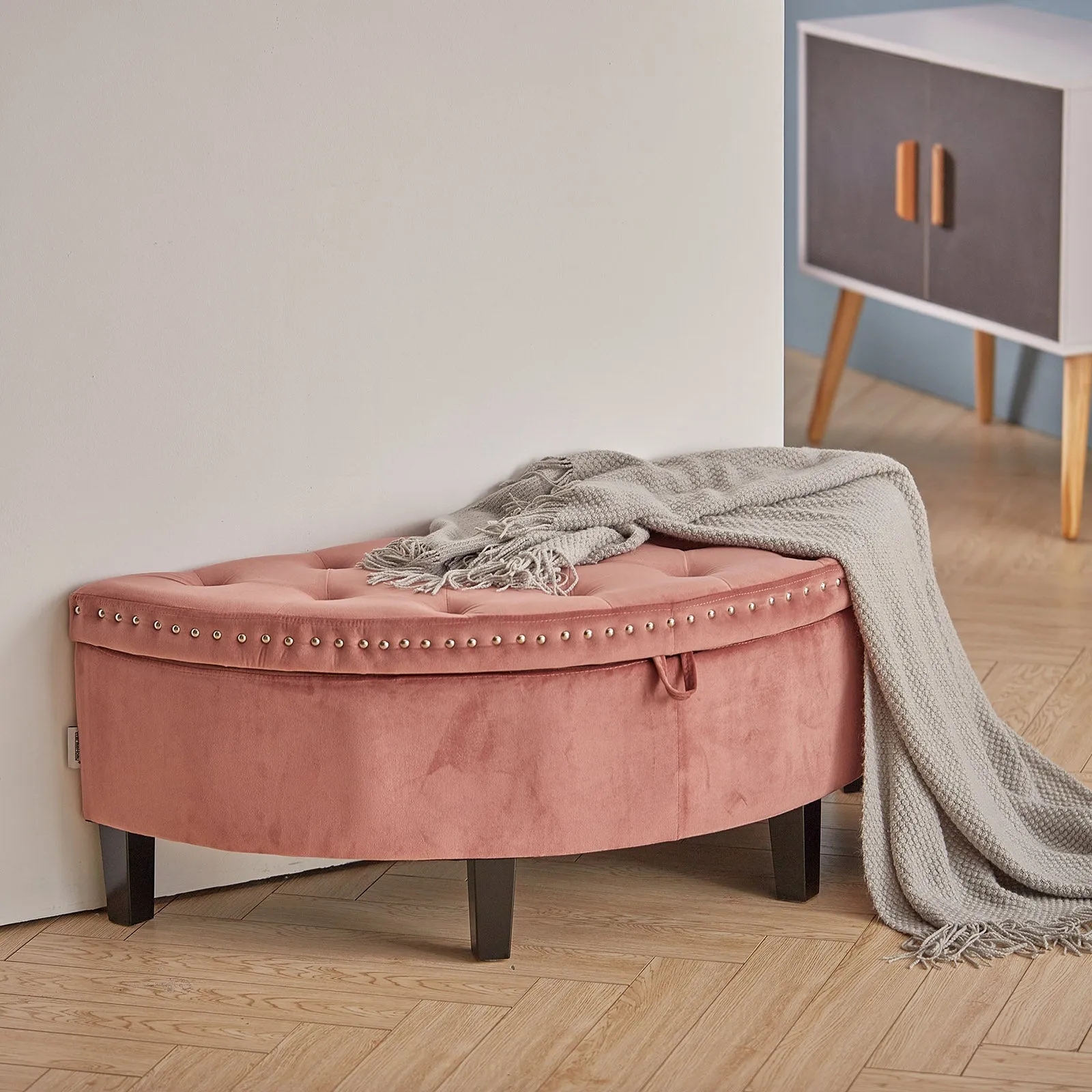 Semi Circle Storage Bench Velvet Storage Ottoman with Rubberwood Legs