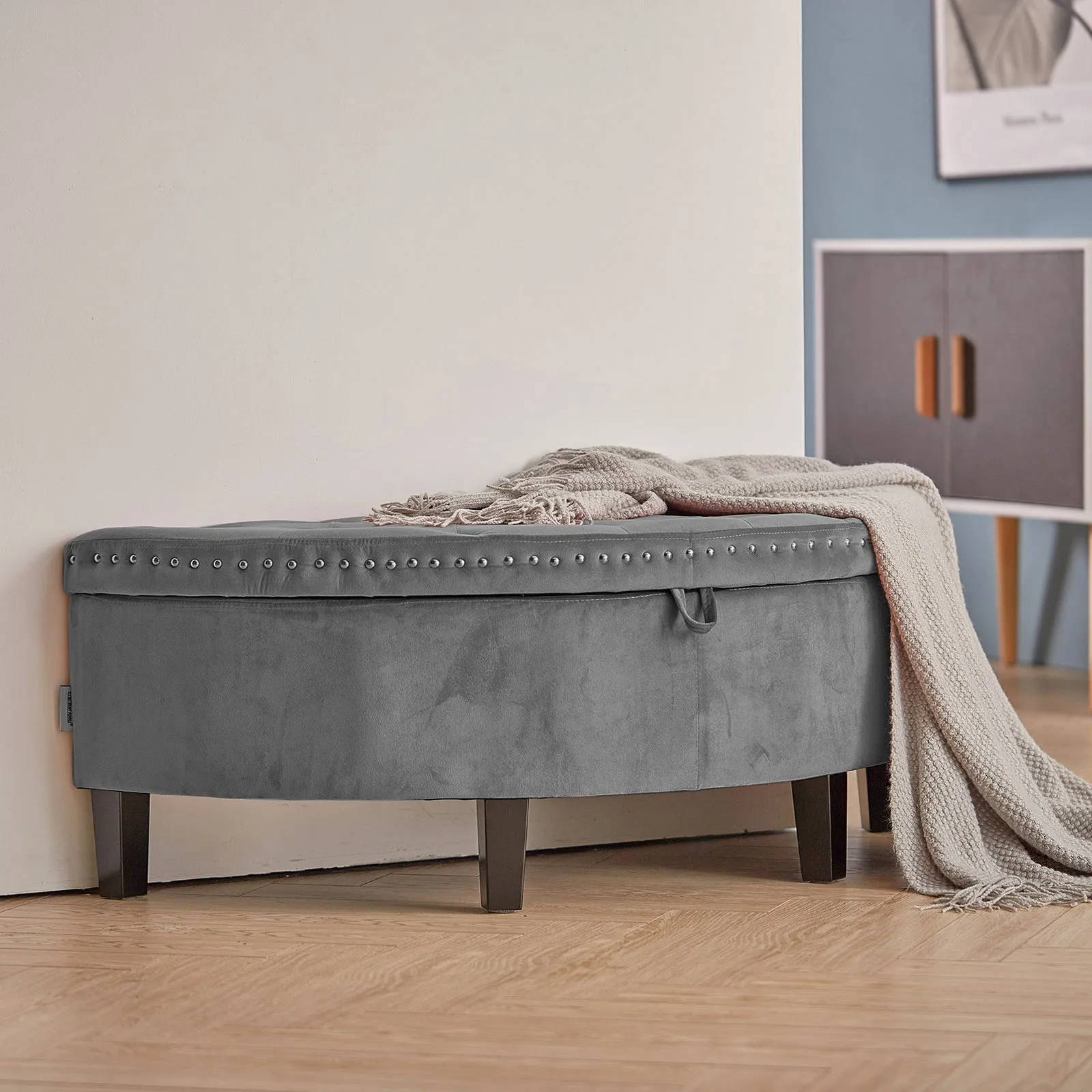 Semi Circle Storage Bench Velvet Storage Ottoman with Rubberwood Legs