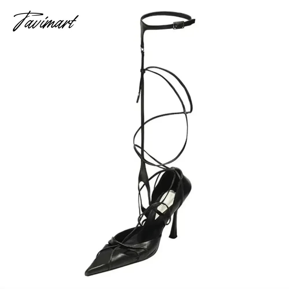 TAVIMART  -  Sexy Black Pointed Toe Rome Women Shoes Cross-tied Fashion Show Women's Shoes Thin Heels Hand-made Buckle Zapato De Mujer