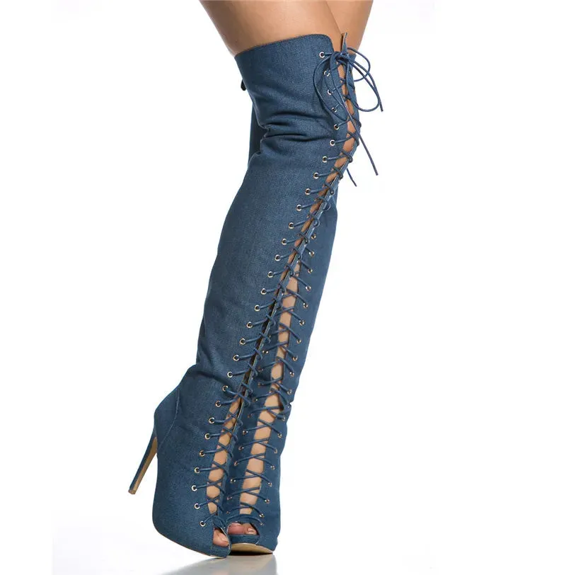 TAVIMART  -  Sexy Peep Toe Cross-tie Denim Cloth Thigh High Boots Thin High Heel Adjustable Lace Up Cowboy Over Knee Long Botas Shoes