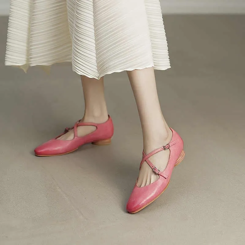 Washed Horse Leather Mary Jane Flats With Cross-strap Detail in Pink/Red/Black