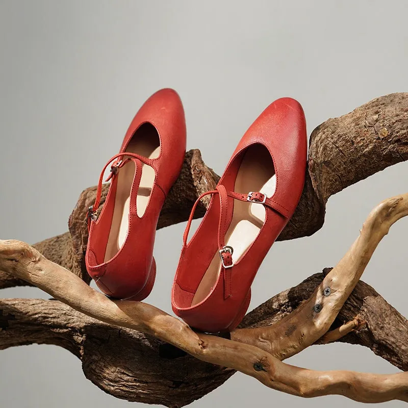 Washed Horse Leather Mary Jane Flats With Cross-strap Detail in Pink/Red/Black