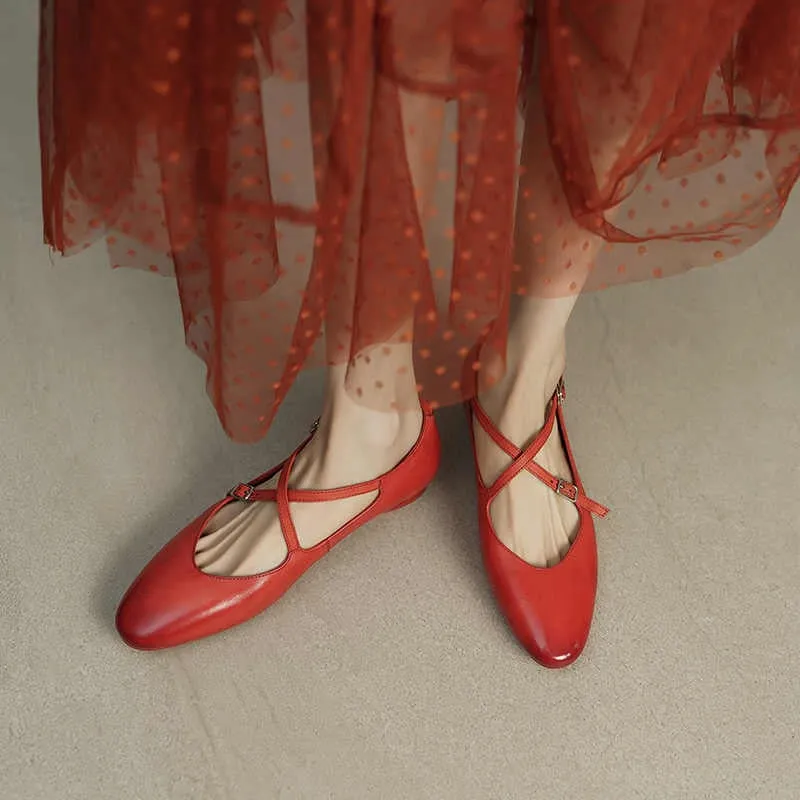 Washed Horse Leather Mary Jane Flats With Cross-strap Detail in Pink/Red/Black