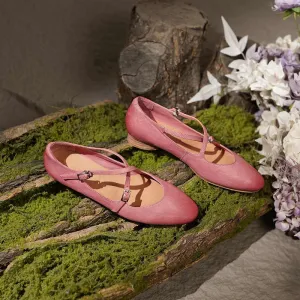 Washed Horse Leather Mary Jane Flats With Cross-strap Detail in Pink/Red/Black