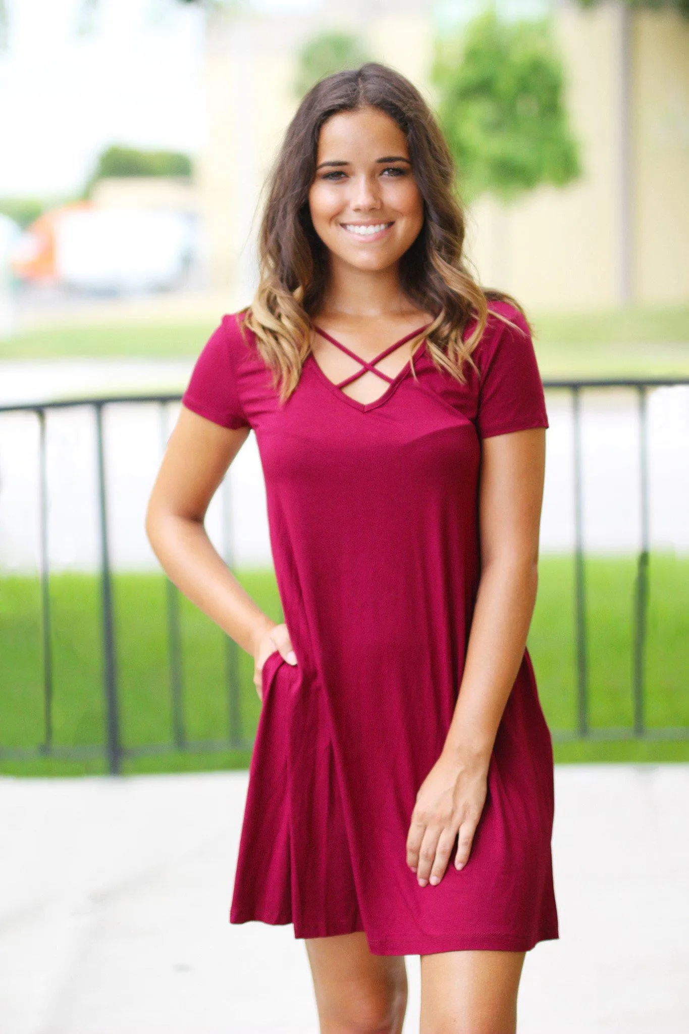 Wine Short Dress with Pockets