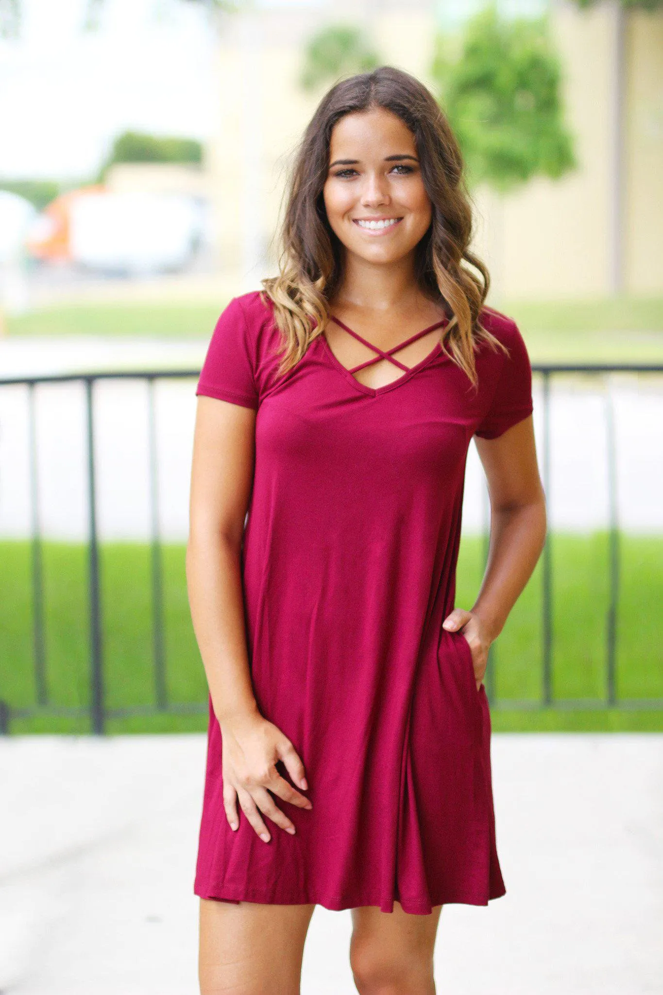 Wine Short Dress with Pockets