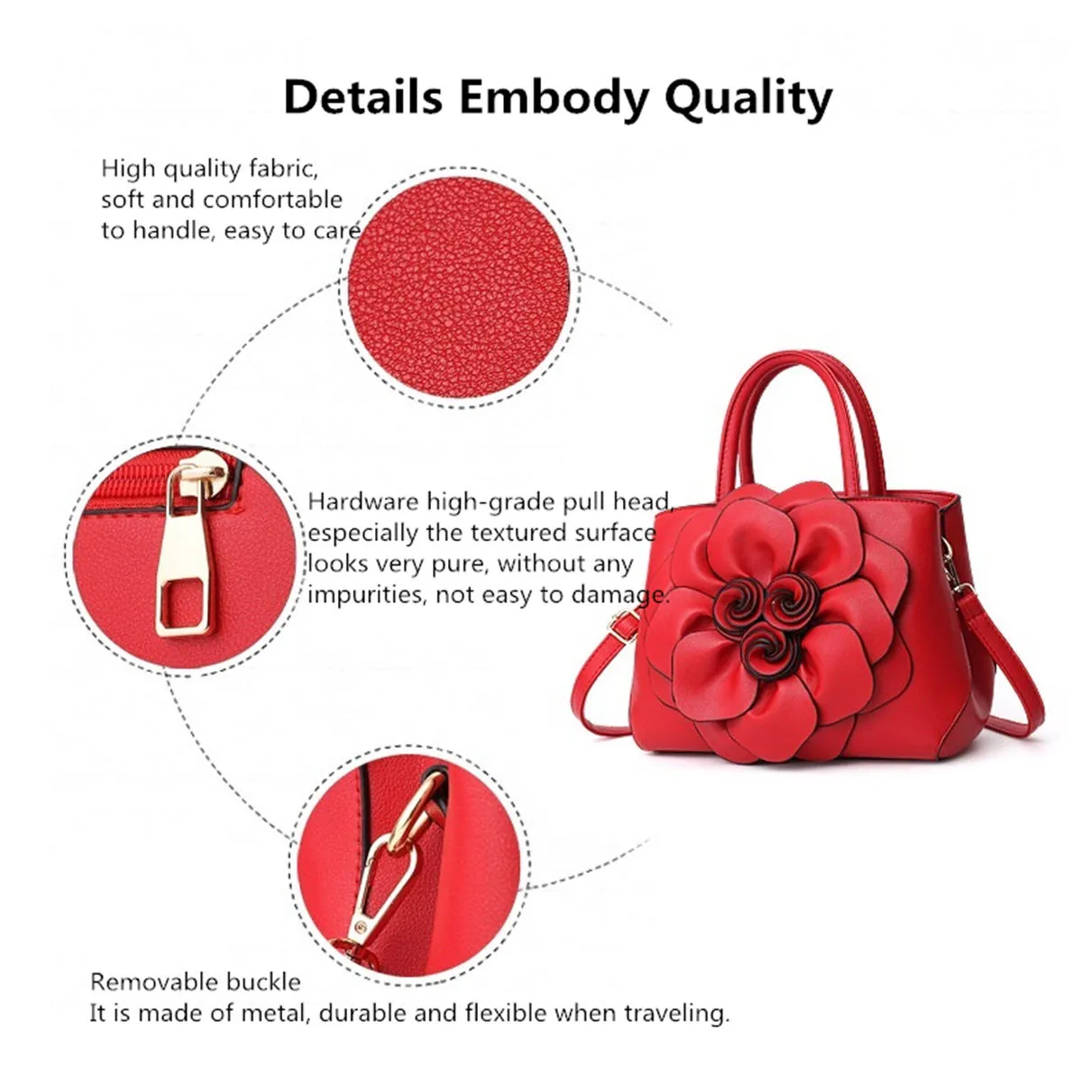 Women Lady Leather Elegant Handbag Flower Decoration Shoulder Evening Bag