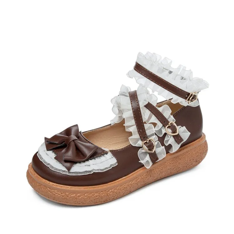 Women's Lolita Lace Bowties Knot Cross Strap Flats Shoes