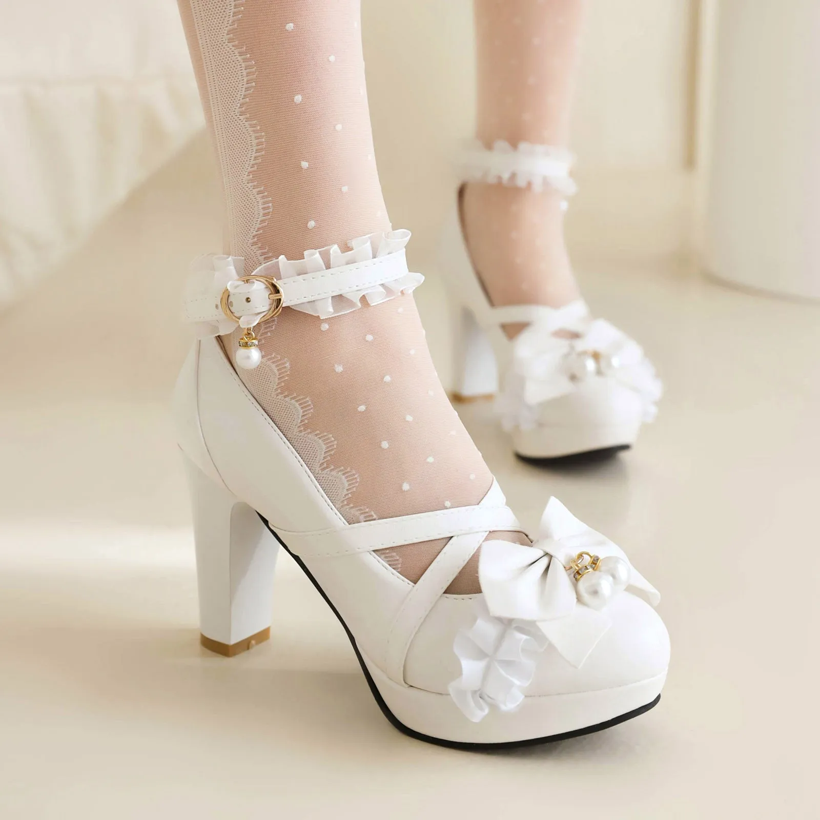 Women's Platform Bow Lace Trim Mary Jane High Heels