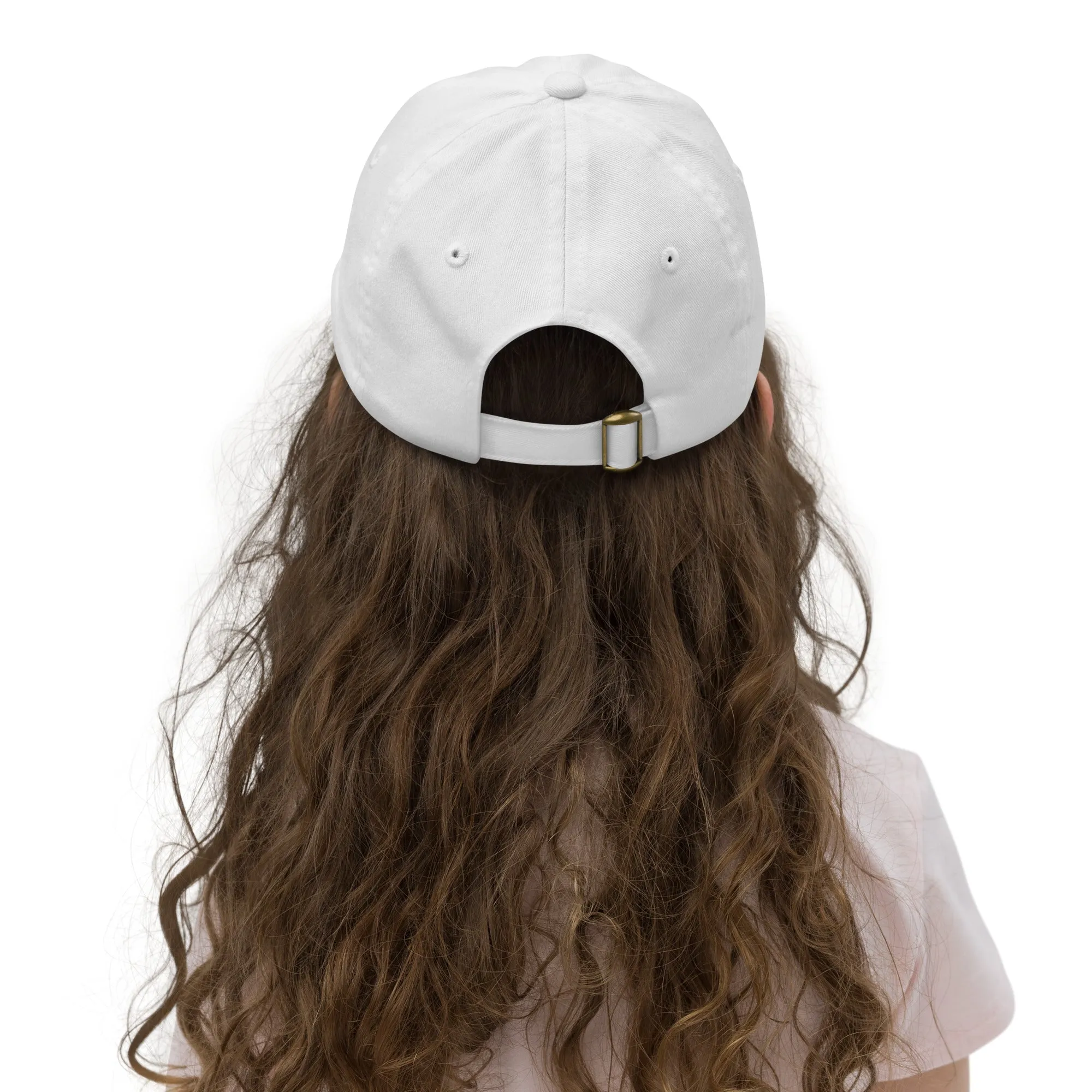 Youth Baseball Cap with Flamingo-Colored Embroidered Slogan: BE GOOD. BE BOLD. JUST BE.