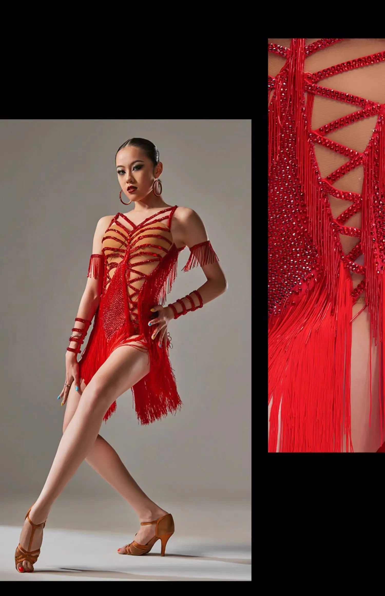 YUN.L039FDD Red Strappy Fringe Latin Dance Dress